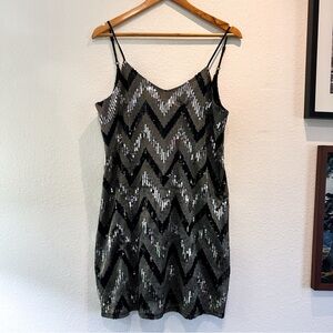 Sequin Chevron Slip Dress - Black & Silver